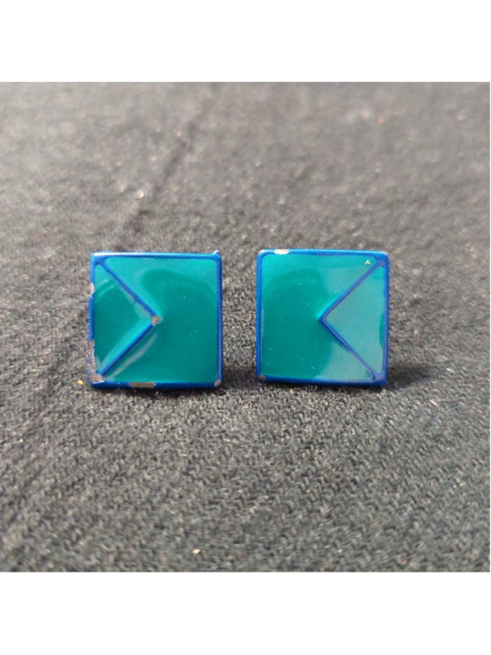 Vintage Teal Blue Enamel Geometric Square Stud Statement Earrings